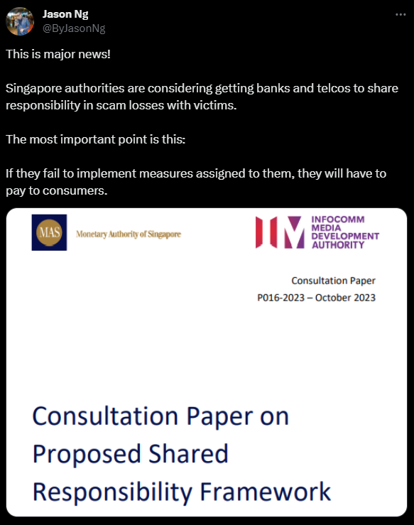 Singapore authorities are considering getting banks and telcos to share responsibility in scam losses with victims. 